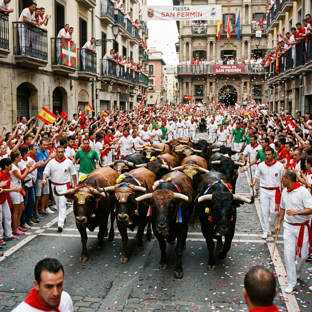 Bulls with decorated horns running through narrow street surrounded by crowds and runners in San Fermín festival
