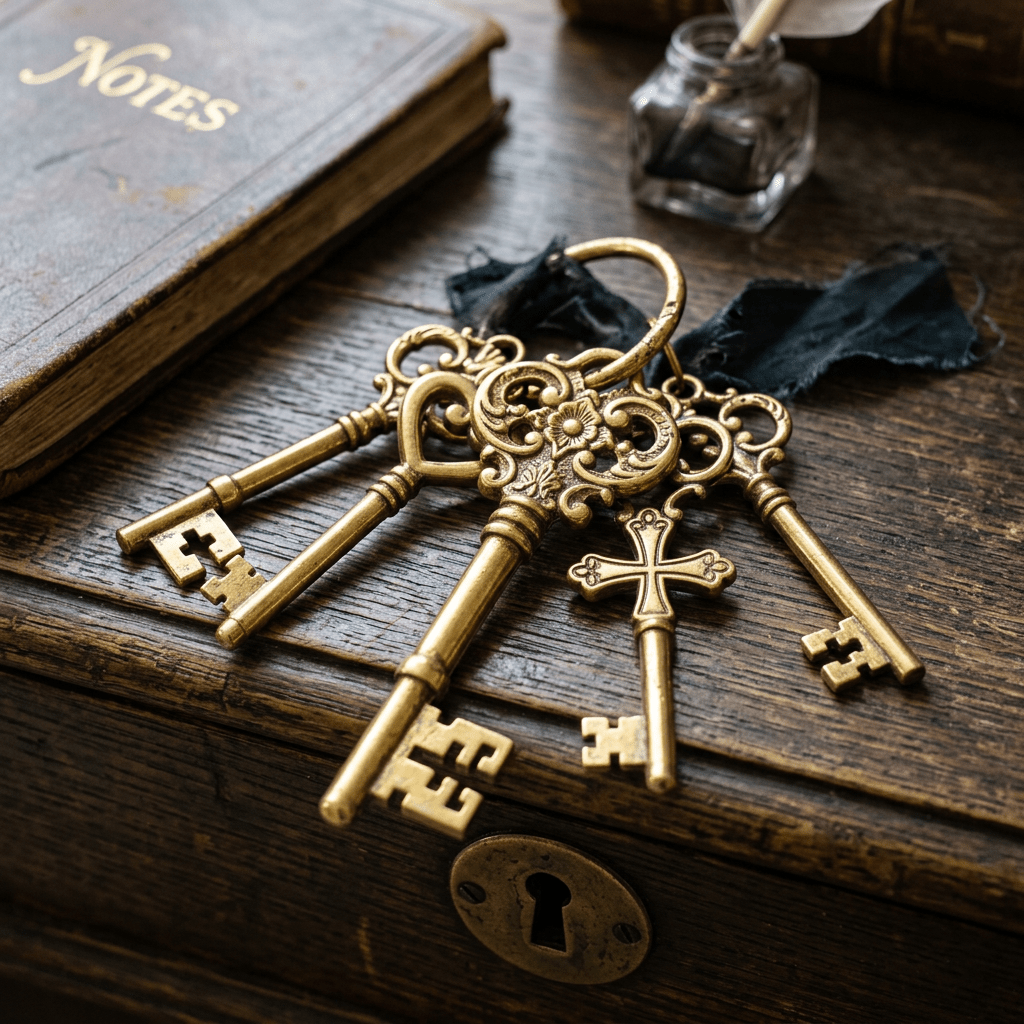 A group of five ornate brass keys on a dark wooden desk near a notebook labeled 'NOTES' and an inkwell with quills.