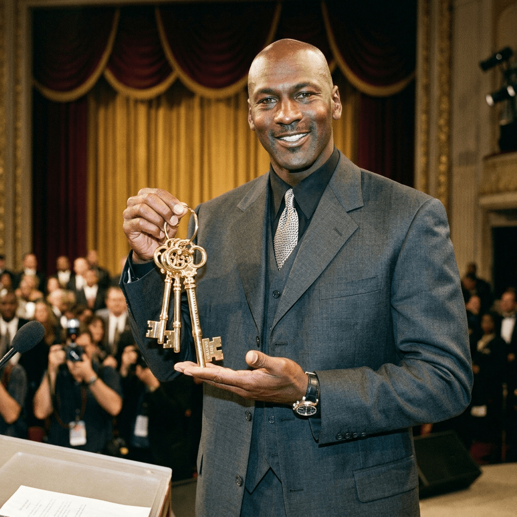 Man in suit holding ceremonial keys on ring at podium with audience