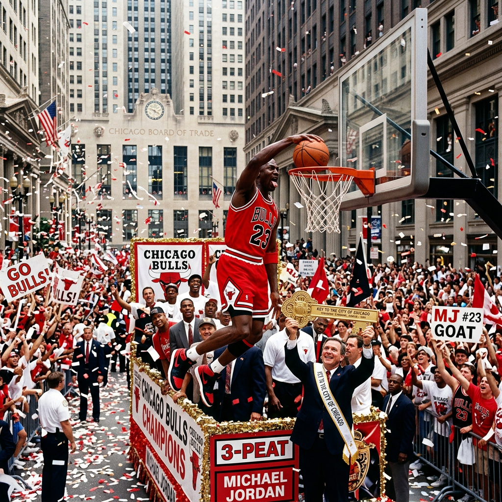 Michael Jordan dunking basketball on parade float surrounded by cheering crowd and Chicago Bulls banners